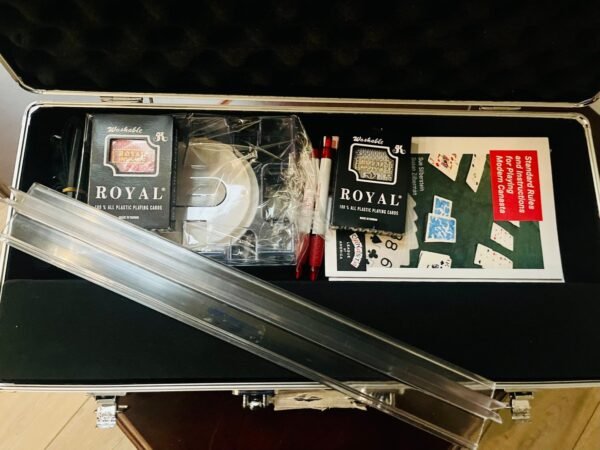 Canasta Set- Revolving Card Tray, Instructional Booklet, Scoring Pad, 2 Pens, 2 Decks of Cards, 1 Card rack holder, Hard Case - Image 2