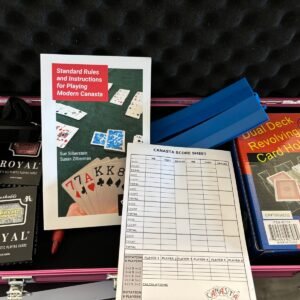 Canasta Set- Revolving Card Tray, Instructional Booklet, Scoring Pad, 2 Pens, 2 Decks of Cards, 1 Card rack holder, Hard Case