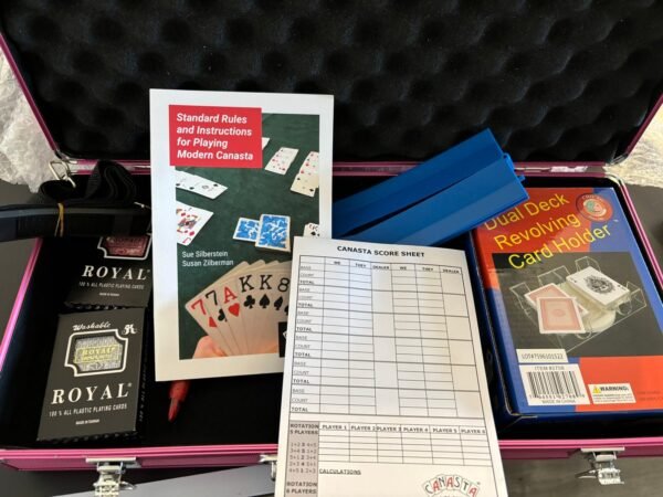 Canasta Set- Revolving Card Tray, Instructional Booklet, Scoring Pad, 2 Pens, 2 Decks of Cards, 1 Card rack holder, Hard Case